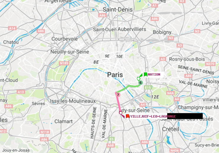 plan itinéraire ratp de Nation à Villejuif-Léo Lagrange