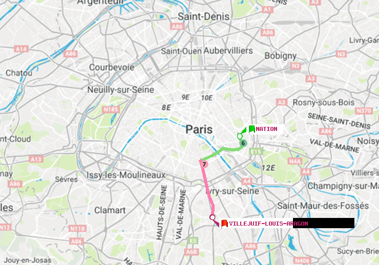 plan itinéraire ratp de Nation à Villejuif-Louis Aragon