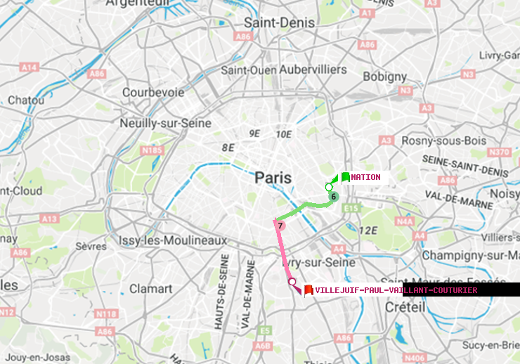 plan itinéraire ratp de Nation à Villejuif-Paul Vaillant Couturier (Hôpital Paul Brousse)
