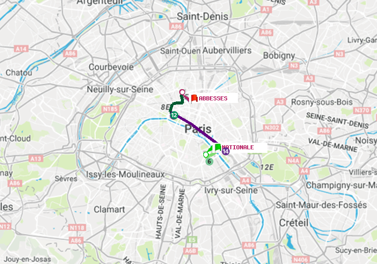 plan itinéraire ratp de Nationale à Abbesses