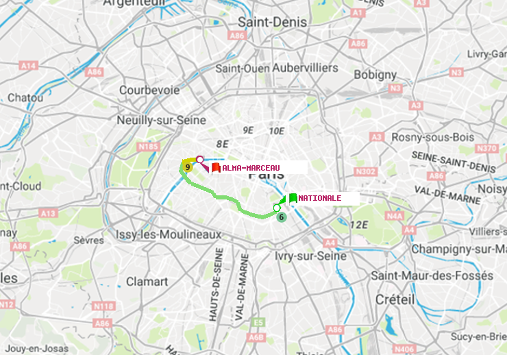 plan itinéraire ratp de Nationale à Alma-Marceau