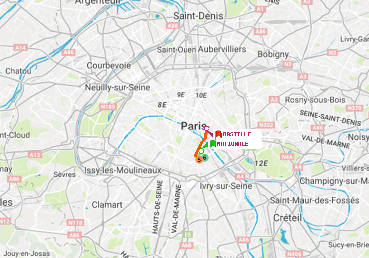 plan itinéraire ratp de Nationale à Bastille