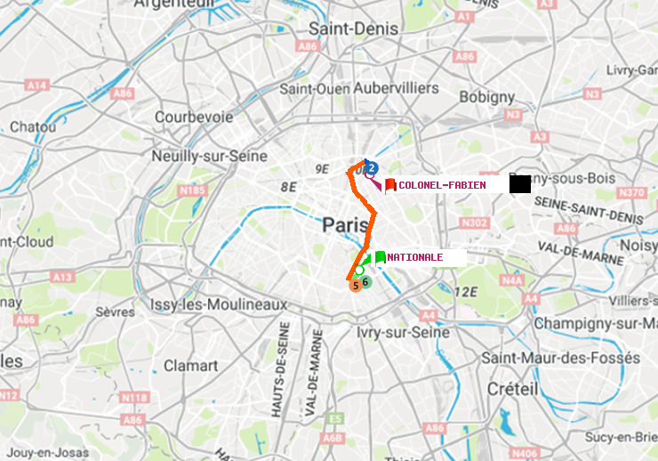 plan itinéraire ratp de Nationale à Colonel Fabien
