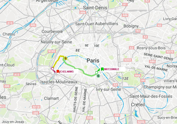 plan itinéraire ratp de Nationale à Exelmans