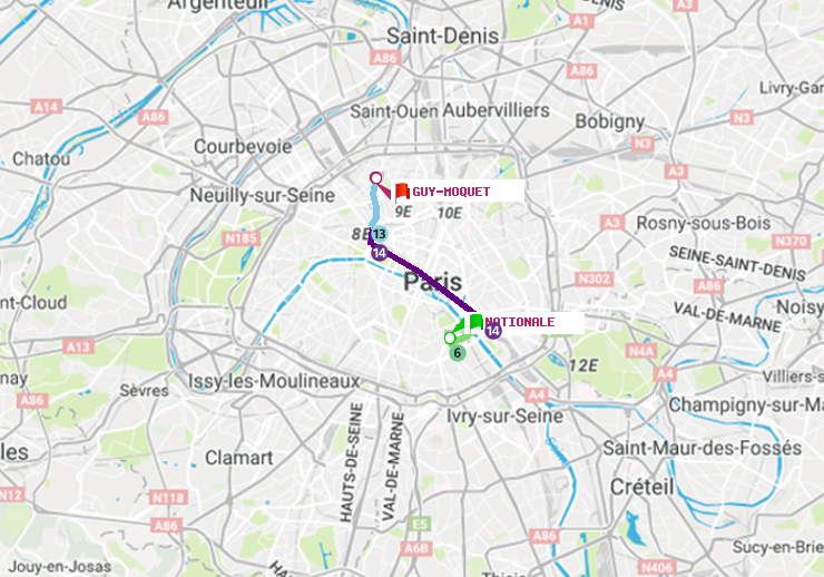 plan itinéraire ratp de Nationale à Guy-Môquet