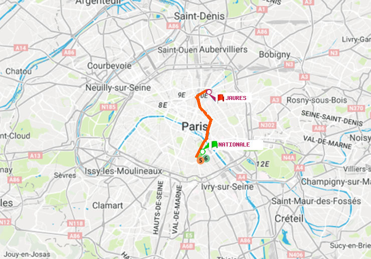 plan itinéraire ratp de Nationale à Jaurès