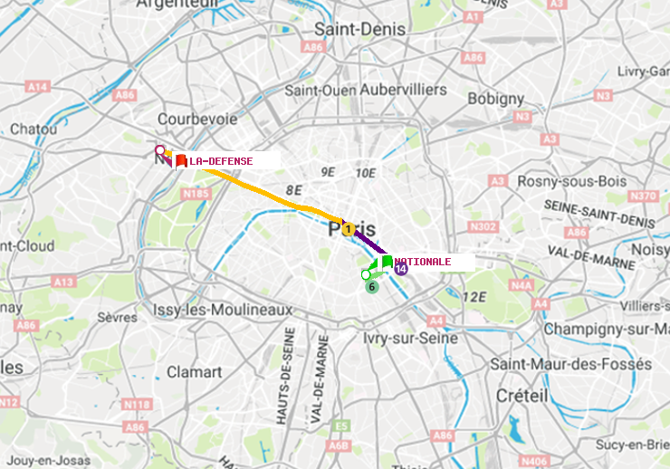 plan itinéraire ratp de Nationale à La Défense (Grande Arche)