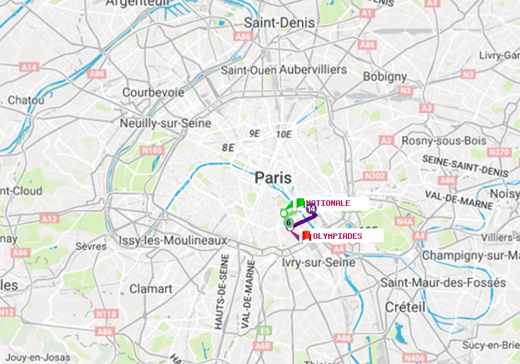plan itinéraire ratp de Nationale à Olympiades