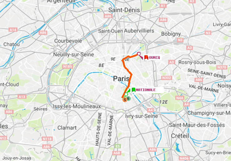 plan itinéraire ratp de Nationale à Ourcq