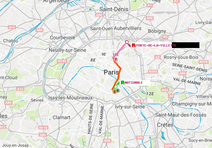 plan itinéraire ratp de Nationale à Porte de la Villette