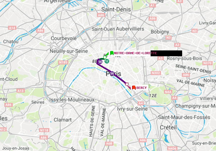 plan itinéraire ratp de Notre-Dame de Lorette à Bercy