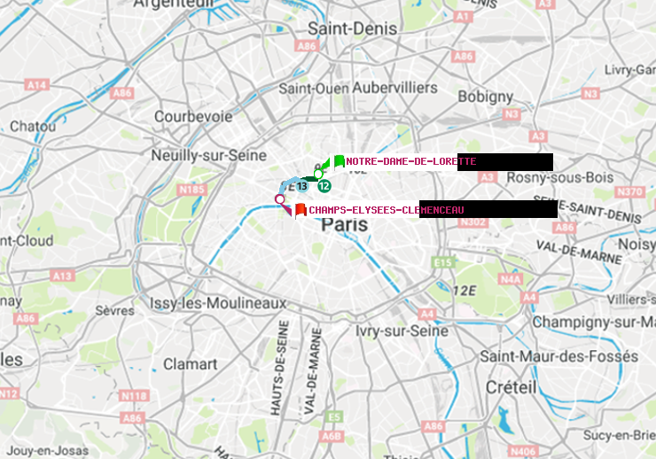 plan itinéraire ratp de Notre-Dame de Lorette à Champs-Elysées-Clémenceau