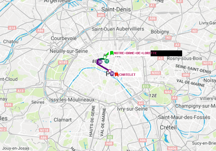 plan itinéraire ratp de Notre-Dame de Lorette à Châtelet