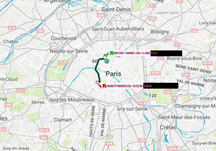 plan itinéraire ratp de Notre-Dame de Lorette à Montparnasse-Bienvenue