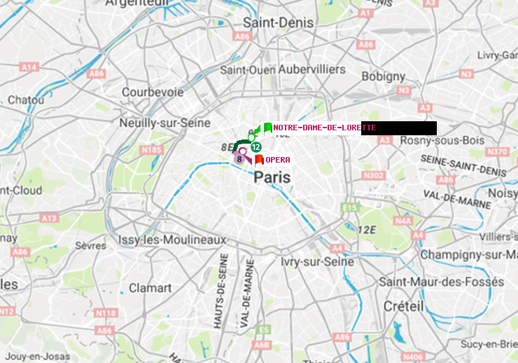 plan itinéraire ratp de Notre-Dame de Lorette à Opéra