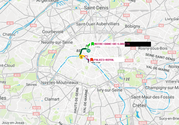 plan itinéraire ratp de Notre-Dame de Lorette à Palais-Royal (Musée du Louvre)