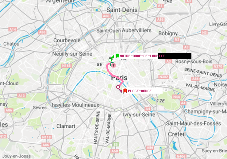plan itinéraire ratp de Notre-Dame de Lorette à Place Monge (Jardin des Plantes)