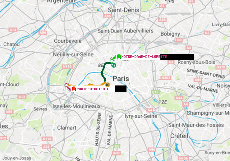 plan itinéraire ratp de Notre-Dame de Lorette à Porte d
