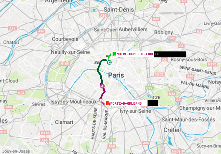 plan itinéraire ratp de Notre-Dame de Lorette à Porte d