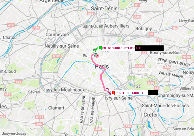 plan itinéraire ratp de Notre-Dame de Lorette à Porte de Choisy