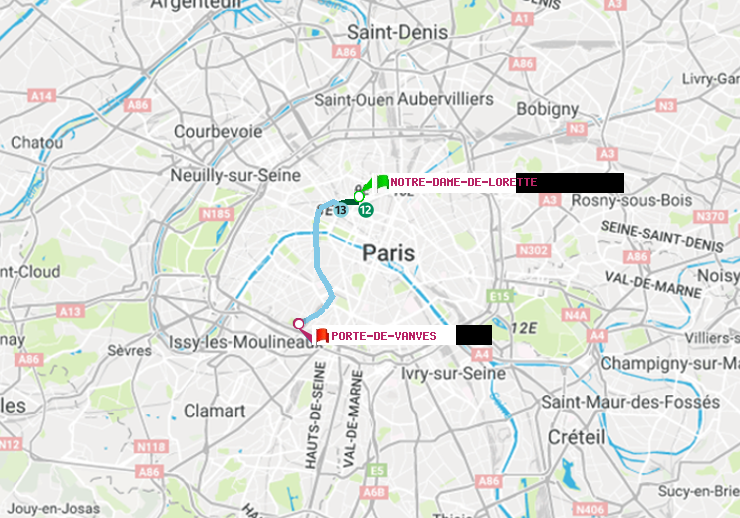 plan itinéraire ratp de Notre-Dame de Lorette à Porte de Vanves