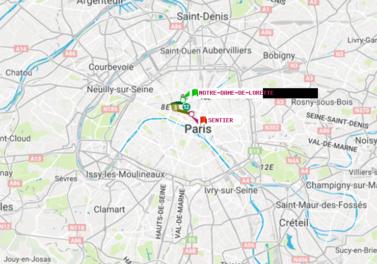 plan itinéraire ratp de Notre-Dame de Lorette à Sentier