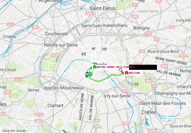 plan itinéraire ratp de Notre-Dame des Champs à Nation