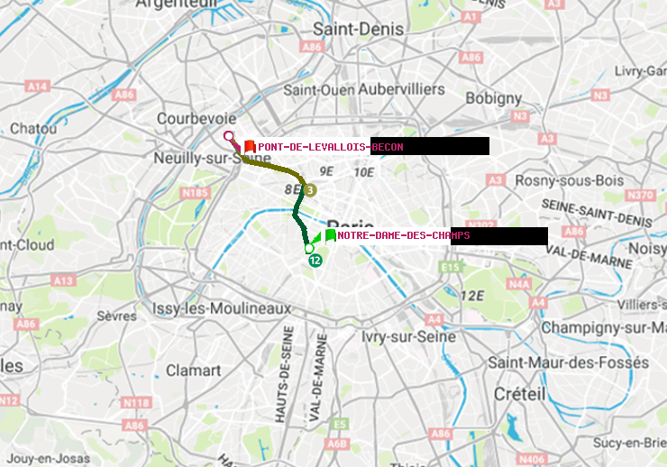 plan itinéraire ratp de Notre-Dame des Champs à Pont de Levallois-Bécon