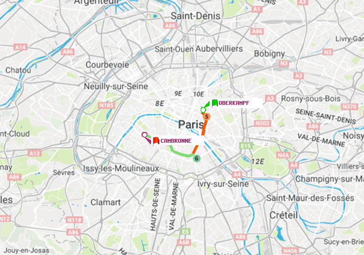 plan itinéraire ratp de Oberkampf à Cambronne