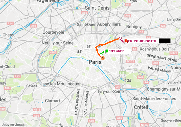 plan itinéraire ratp de Oberkampf à Eglise de Pantin