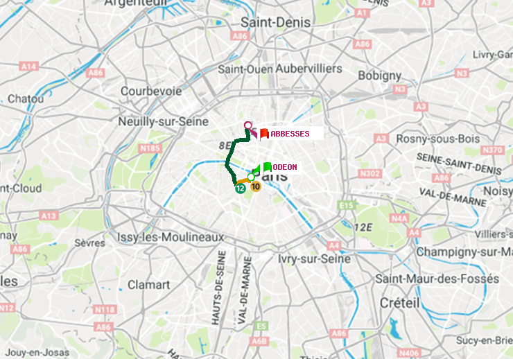 plan itinéraire ratp de Odéon à Abbesses