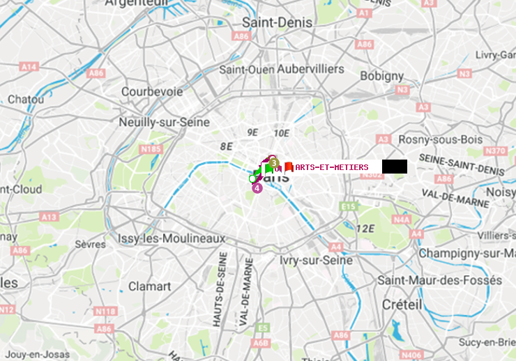 plan itinéraire ratp de Odéon à Arts-et-Métiers