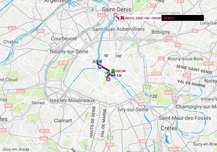 plan itinéraire ratp de Odéon à Basilique de Saint-Denis