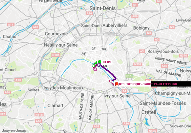 plan itinéraire ratp de Odéon à Bibliotheque-Francois Mitterrand