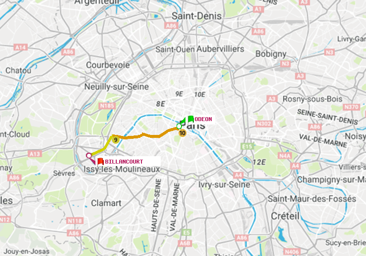 plan itinéraire ratp de Odéon à Billancourt