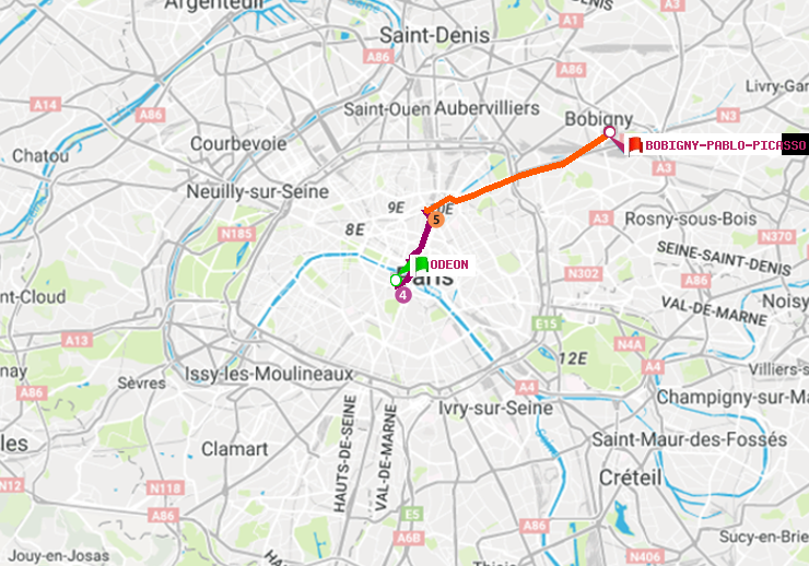 plan itinéraire ratp de Odéon à Bobigny-Pablo-Picasso