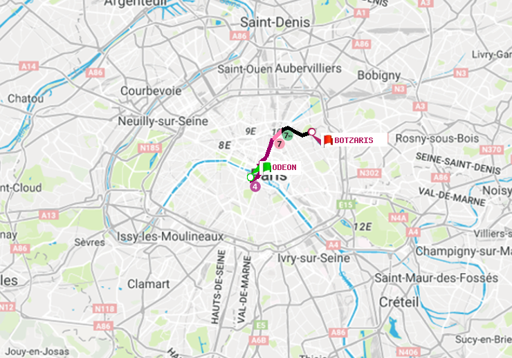 plan itinéraire ratp de Odéon à Botzaris