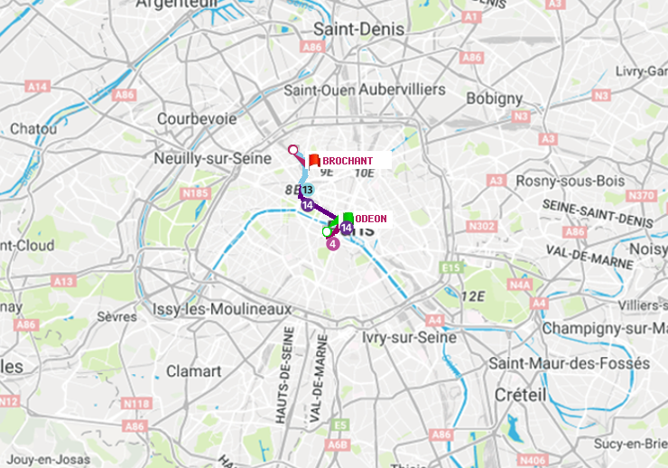 plan itinéraire ratp de Odéon à Brochant