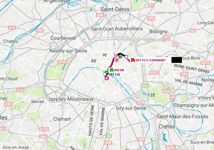 plan itinéraire ratp de Odéon à Buttes-Chaumont