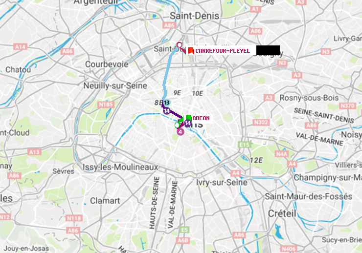 plan itinéraire ratp de Odéon à Carrefour-Pleyel