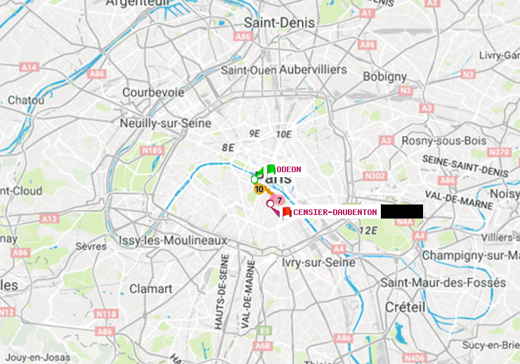 plan itinéraire ratp de Odéon à Censier-Daubenton