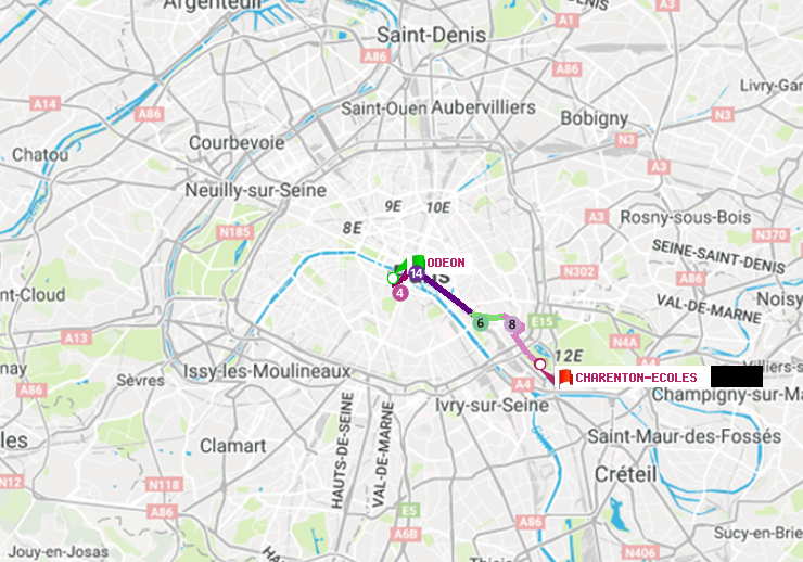 plan itinéraire ratp de Odéon à Charenton-Ecoles