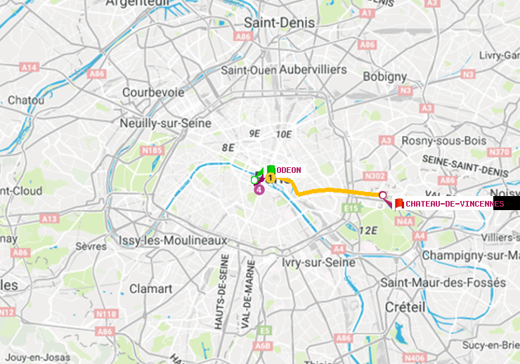 plan itinéraire ratp de Odéon à Château de Vincennes