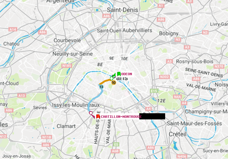 plan itinéraire ratp de Odéon à Châtillon Montrouge
