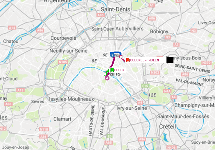 plan itinéraire ratp de Odéon à Colonel Fabien