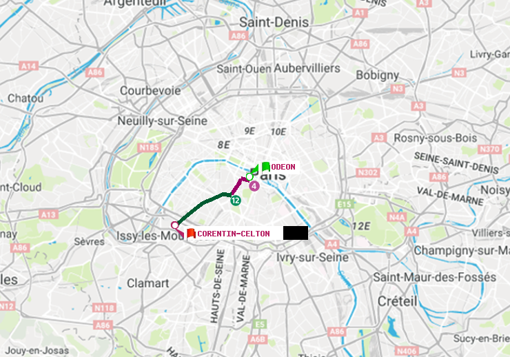 plan itinéraire ratp de Odéon à Corentin-Celton