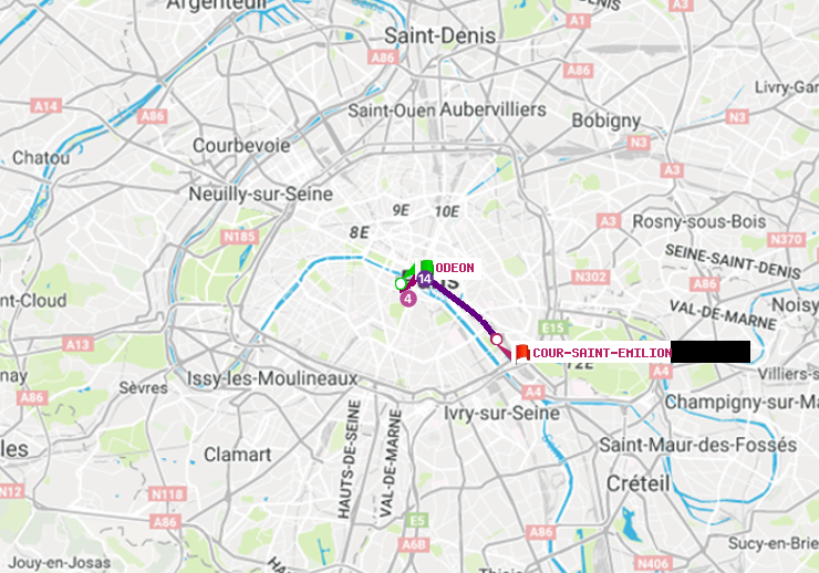 plan itinéraire ratp de Odéon à Cour Saint-Emilion