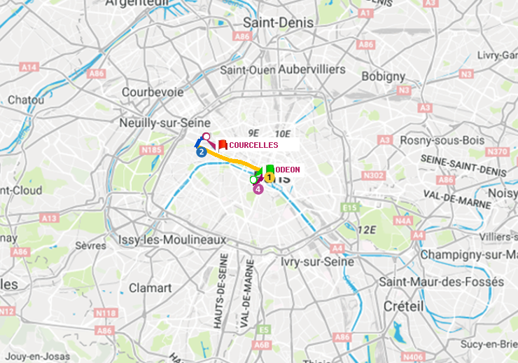 plan itinéraire ratp de Odéon à Courcelles