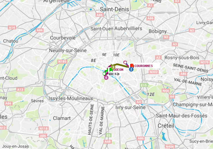 plan itinéraire ratp de Odéon à Couronnes