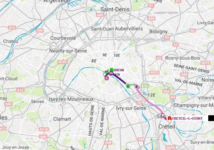 plan itinéraire ratp de Odéon à Créteil-L